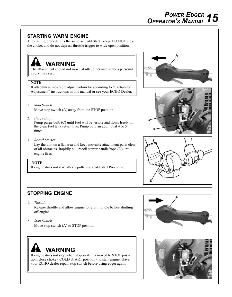 Starting warm engine, Stopping engine, Warning | Echo POWER EDGER PE-265 User Manual | Page 15 / 32