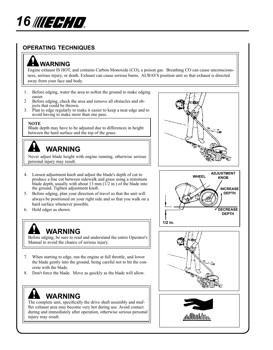 Operating techniques, Warning | Echo POWER EDGER PE-265 User Manual | Page 16 / 32