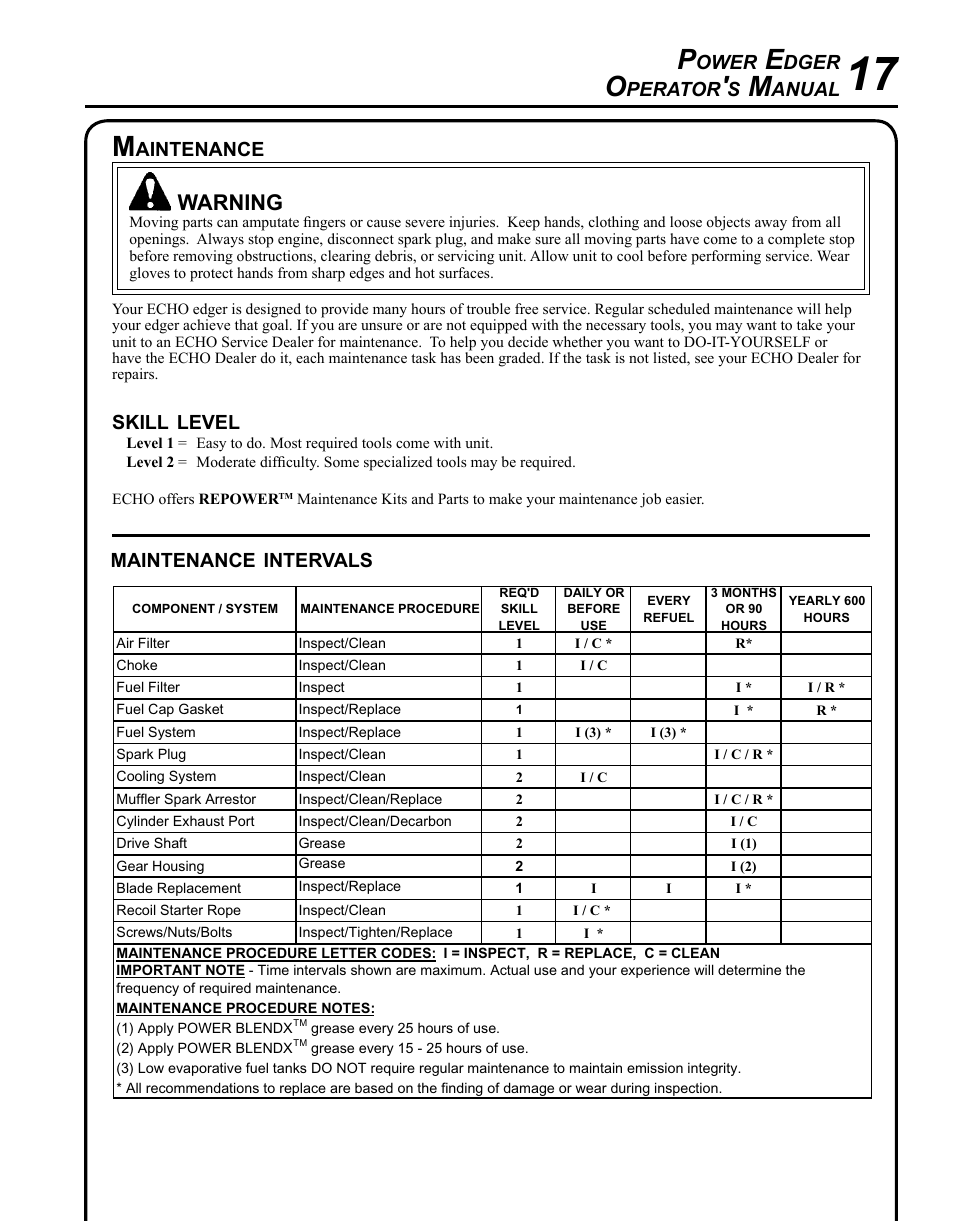 Maintenance, Warning | Echo POWER EDGER PE-265 User Manual | Page 17 / 32