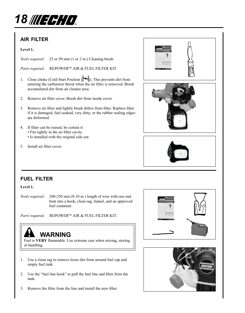 Air filter, Fuel filter, Warning | Echo POWER EDGER PE-265 User Manual | Page 18 / 32
