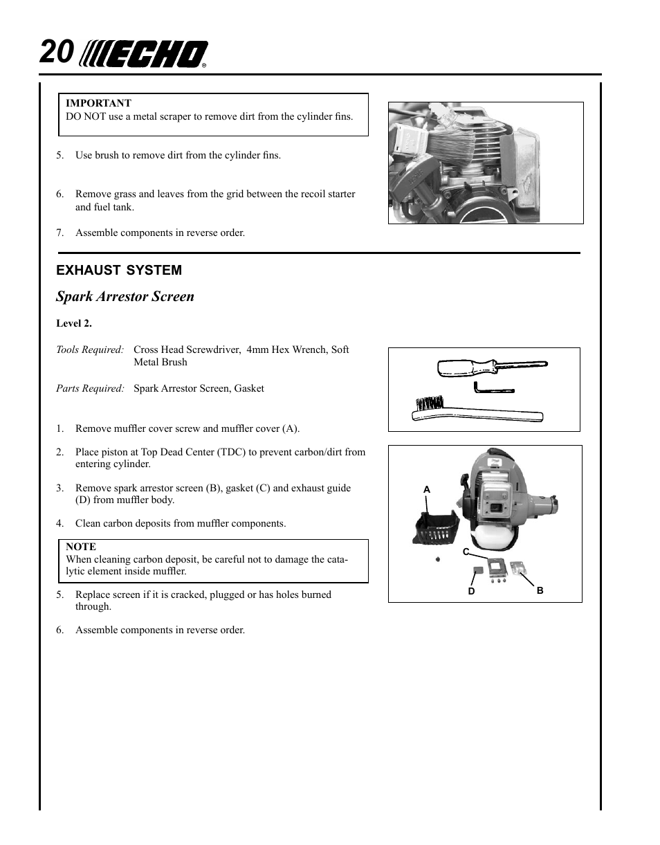 Exhaust system, Spark arrestor screen | Echo POWER EDGER PE-265 User Manual | Page 20 / 32