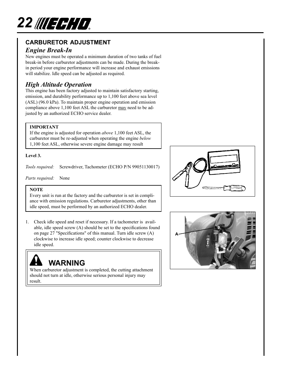 Carburetor adjustment, Warning, Engine break-in | High altitude operation | Echo POWER EDGER PE-265 User Manual | Page 22 / 32