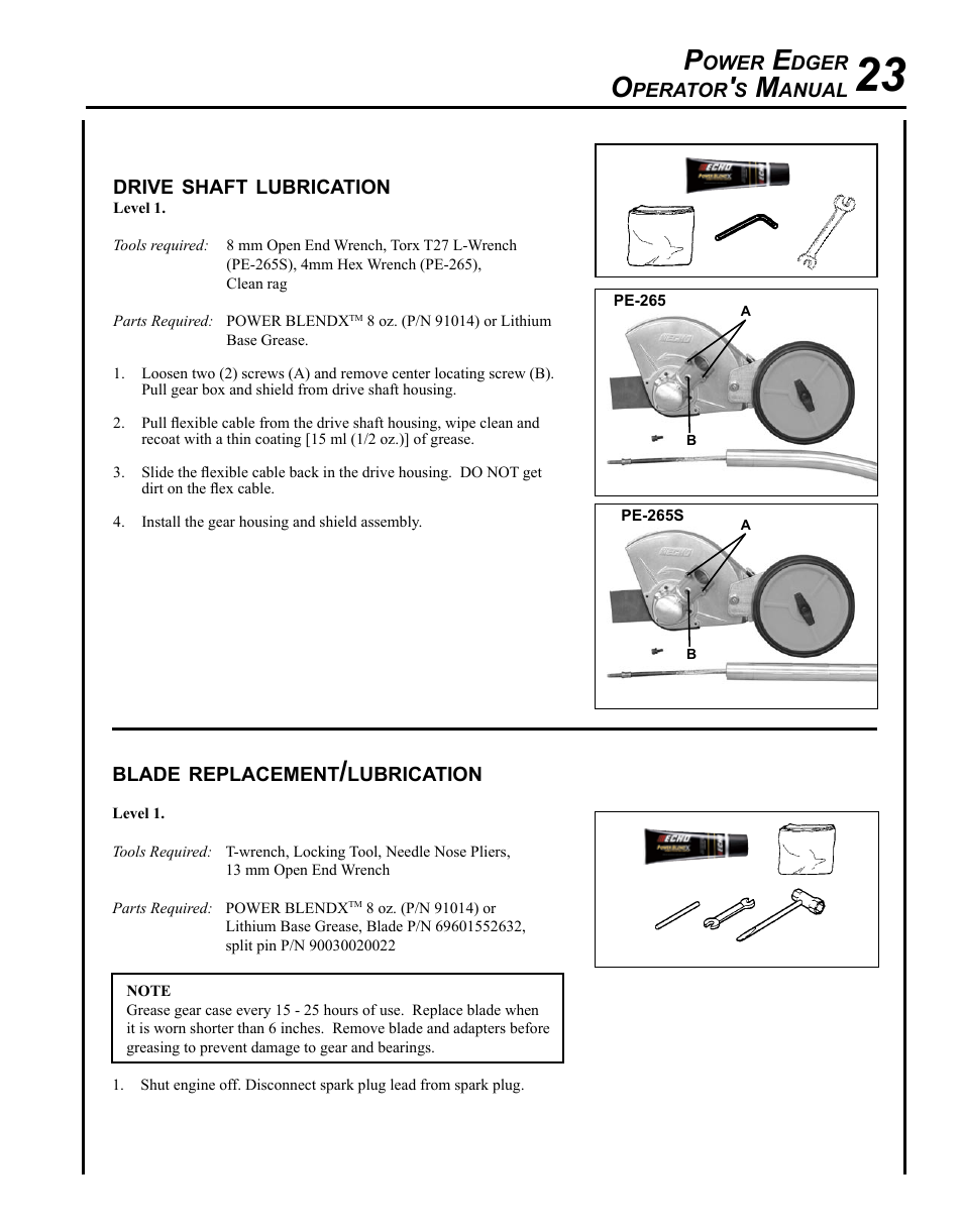 Drive shaft lubrication, Blade replacement/lubrication | Echo POWER EDGER PE-265 User Manual | Page 23 / 32