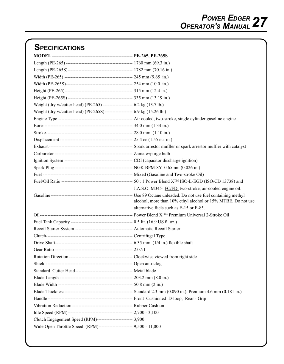Specifications | Echo POWER EDGER PE-265 User Manual | Page 27 / 32