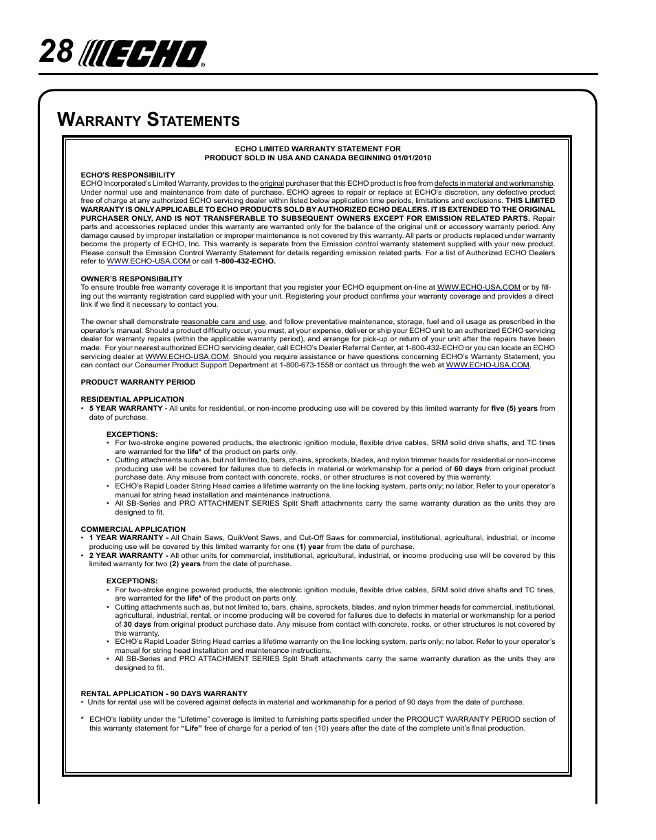 Warranty statements, Arranty, Tatements | Echo POWER EDGER PE-265 User Manual | Page 28 / 32