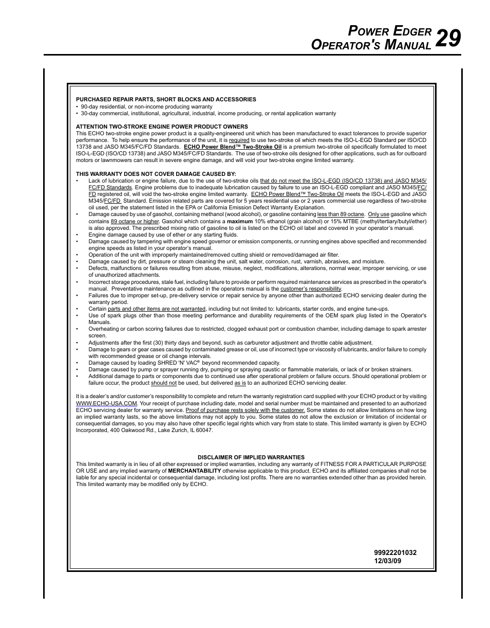Ower, Dger, Perator | Anual | Echo POWER EDGER PE-265 User Manual | Page 29 / 32