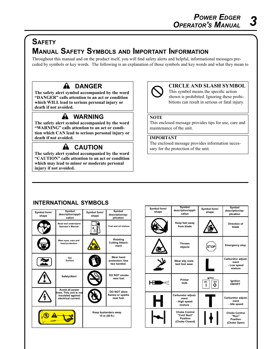 Safety, Warning, Caution | Danger, Ower, Dger, Perator, Anual, Afety, Ymbols | Echo POWER EDGER PE-265 User Manual | Page 3 / 32