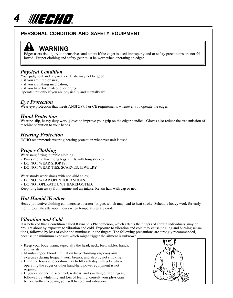 Warning | Echo POWER EDGER PE-265 User Manual | Page 4 / 32