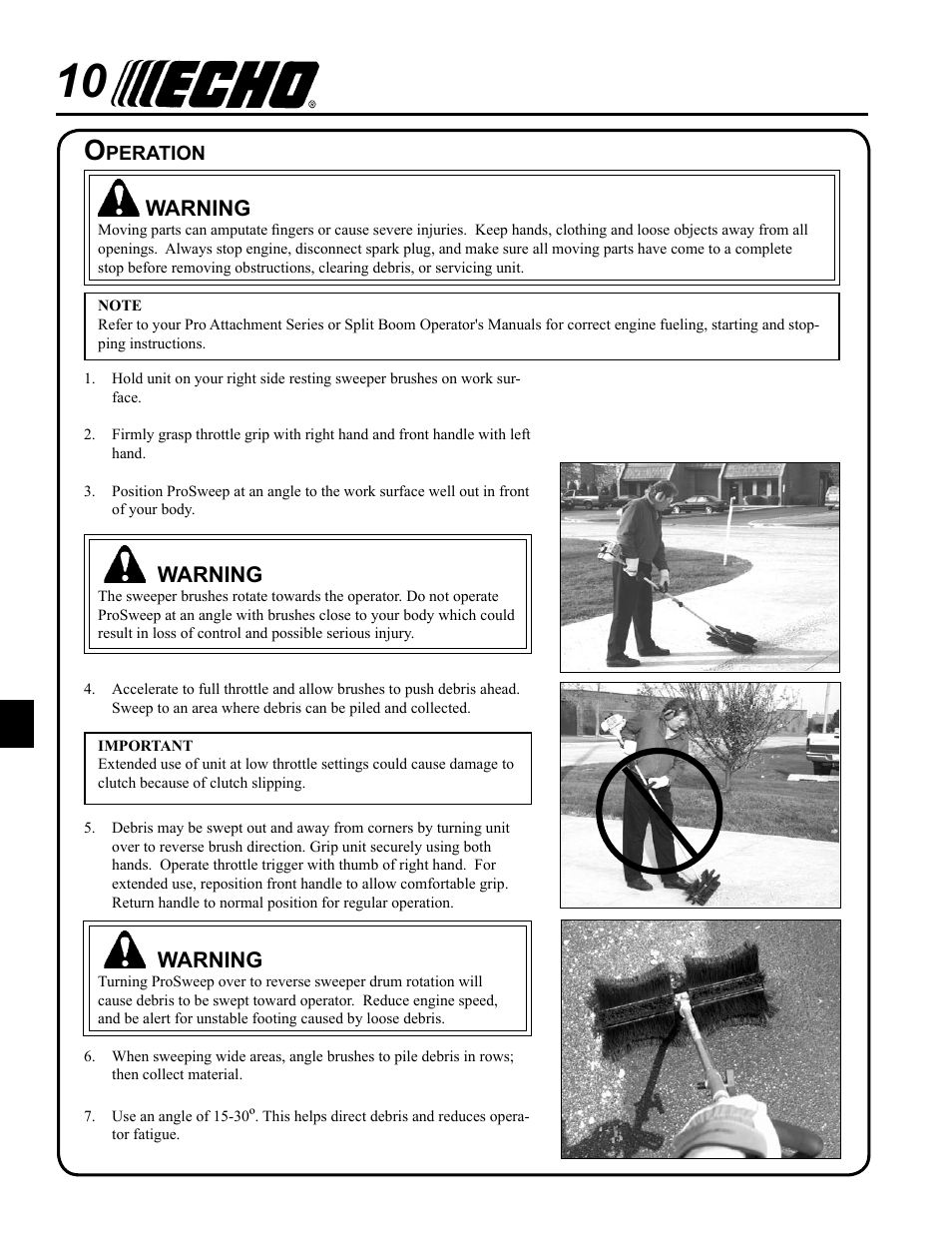 Operation, Warning | Echo 99944200553 User Manual | Page 10 / 16