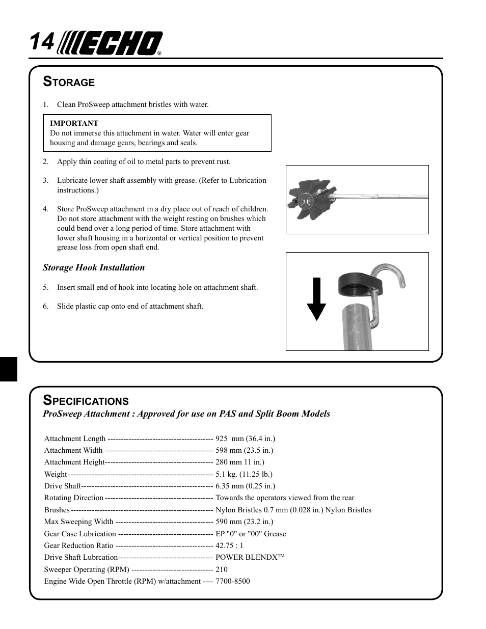 Storage, Specifications | Echo 99944200553 User Manual | Page 14 / 16
