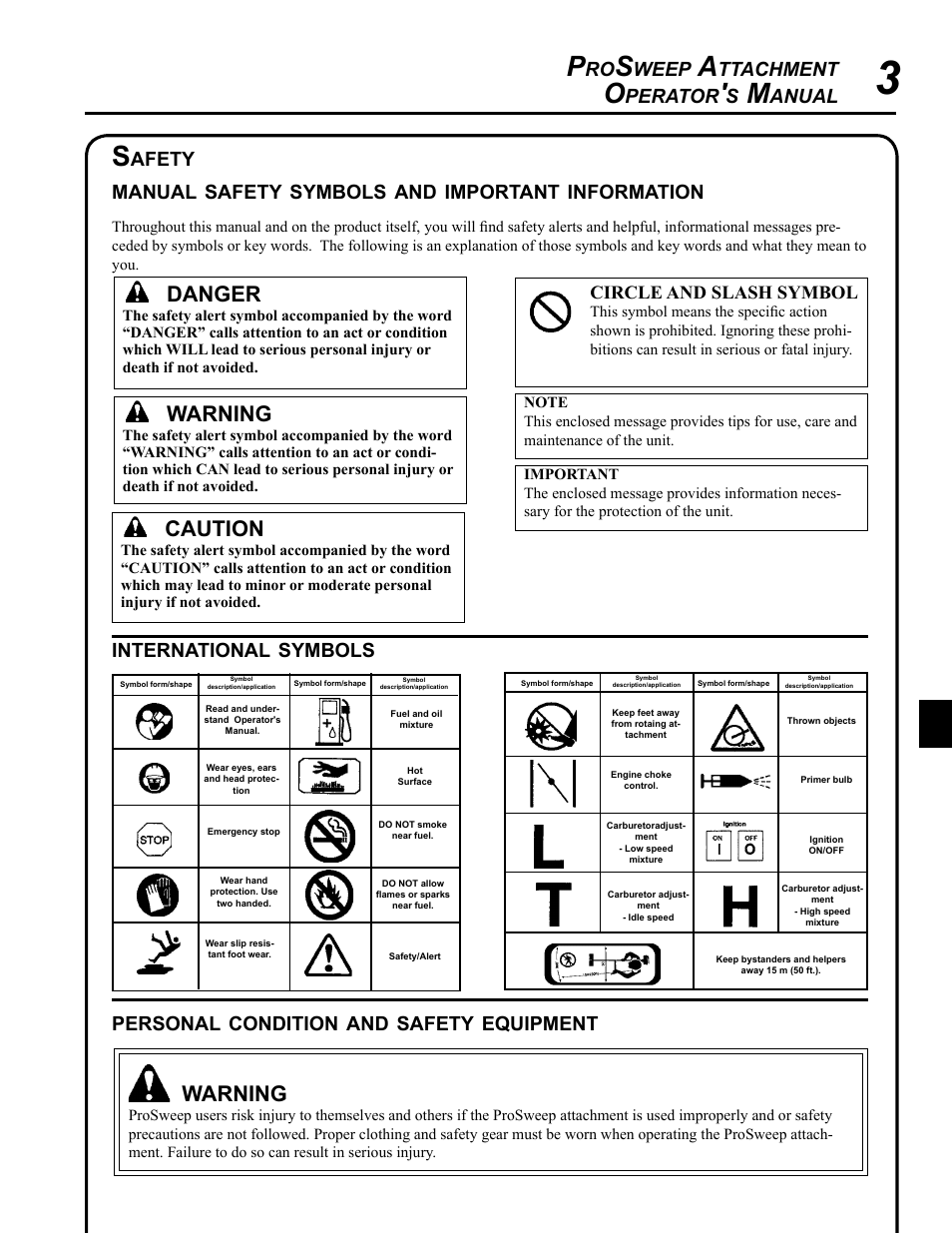 Safety, Warning, Caution | Danger, Weep, Ttachment, Perator, Anual, Afety manual, Symbols | Echo 99944200553 User Manual | Page 3 / 16