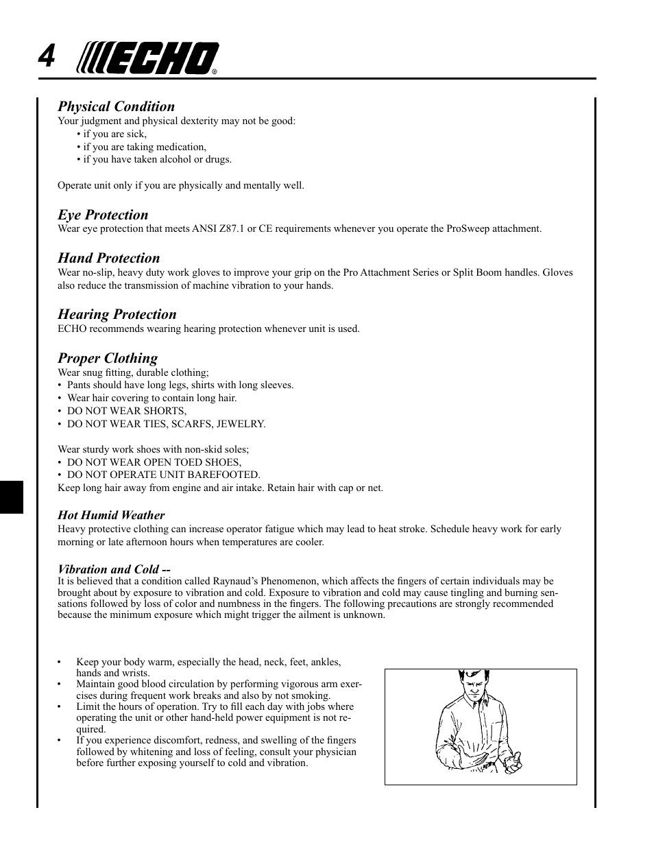Physical condition, Eye protection, Hand protection | Hearing protection, Proper clothing | Echo 99944200553 User Manual | Page 4 / 16