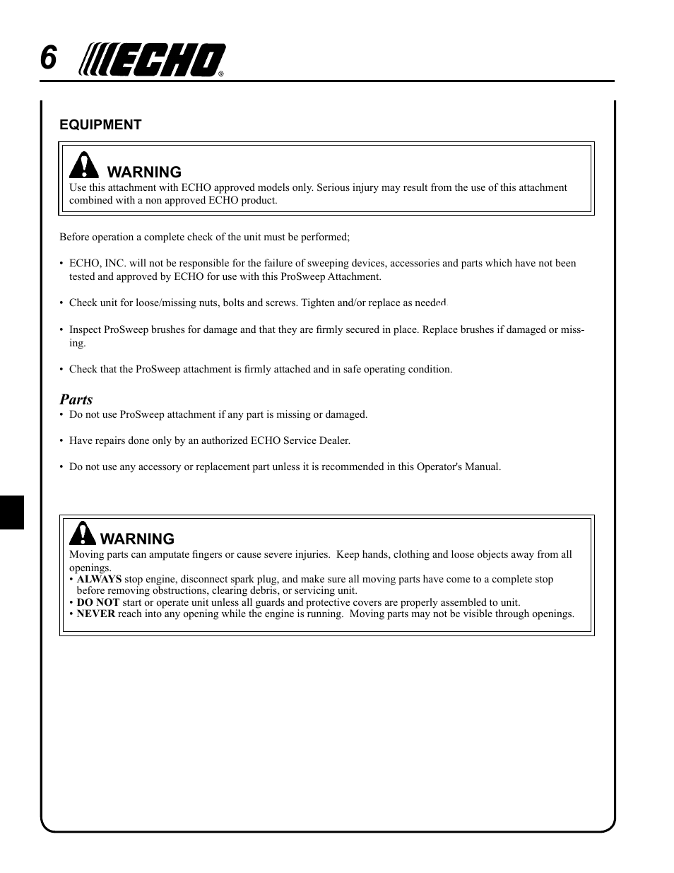 Warning, Parts | Echo 99944200553 User Manual | Page 6 / 16