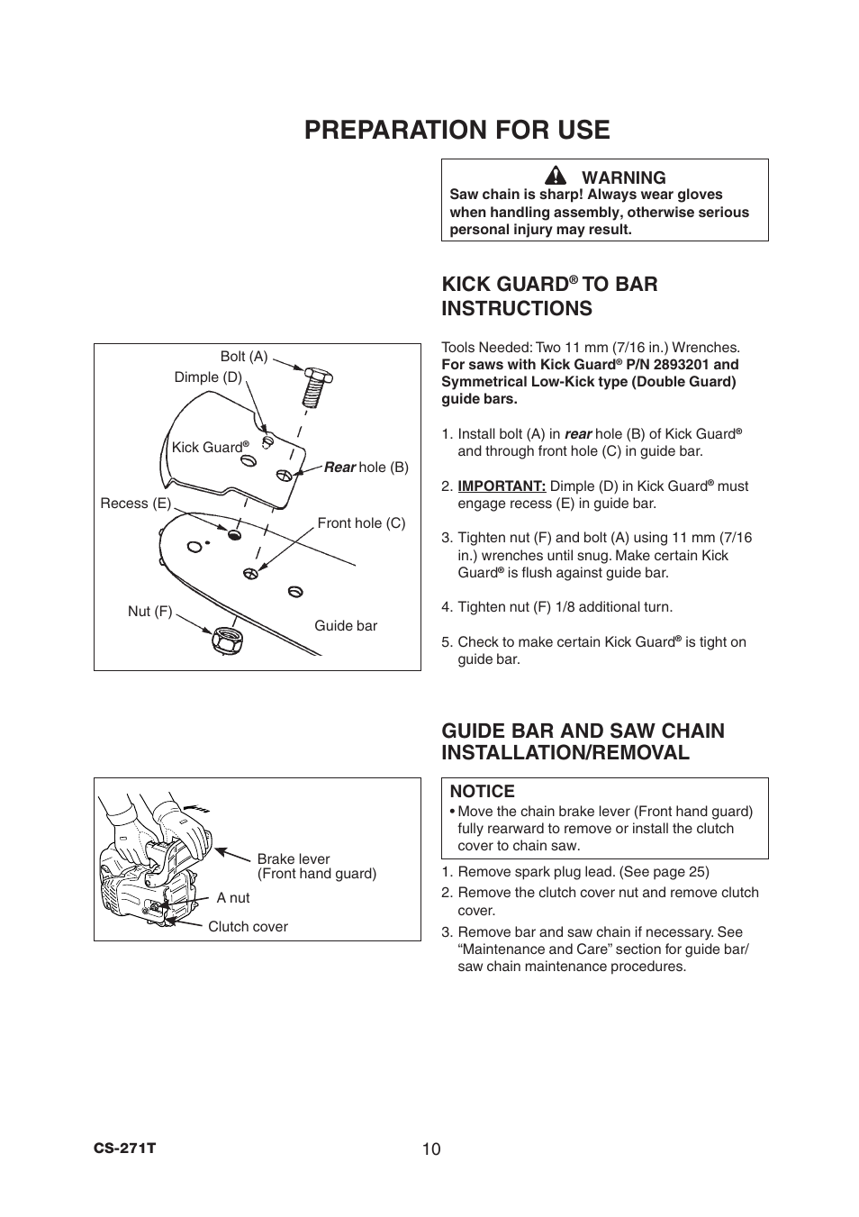 Preparation for use, Kick guard, Guide bar and saw chain installation/removal | Echo CS-271T User Manual | Page 12 / 36