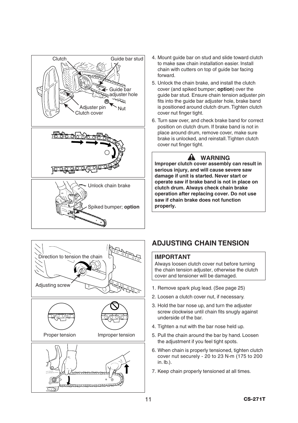 Adjusting chain tension | Echo CS-271T User Manual | Page 13 / 36