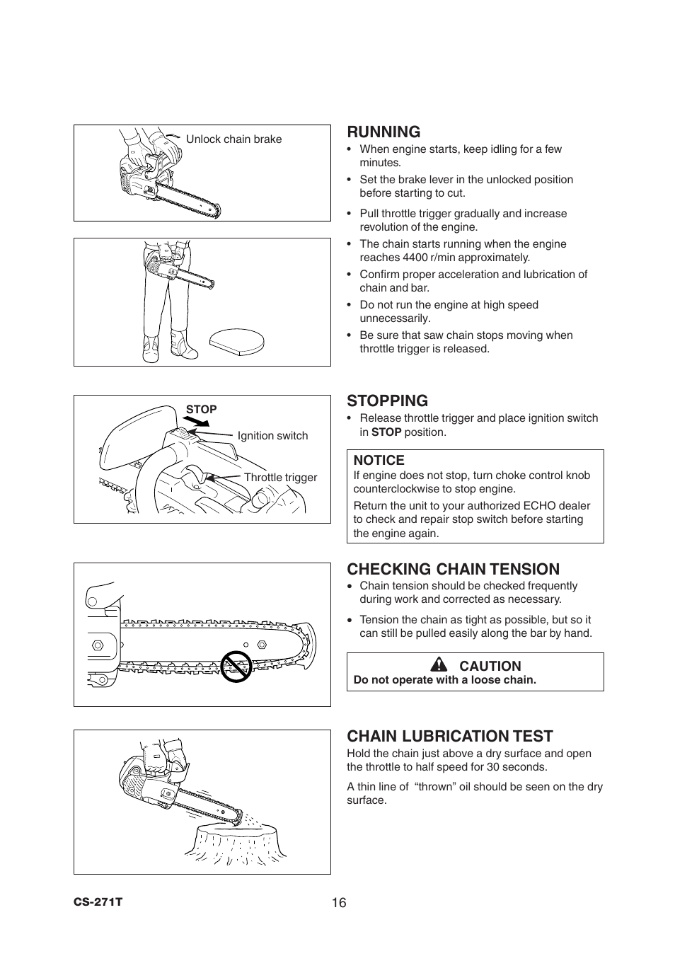 Running, Stopping, Checking chain tension | Chain lubrication test | Echo CS-271T User Manual | Page 18 / 36