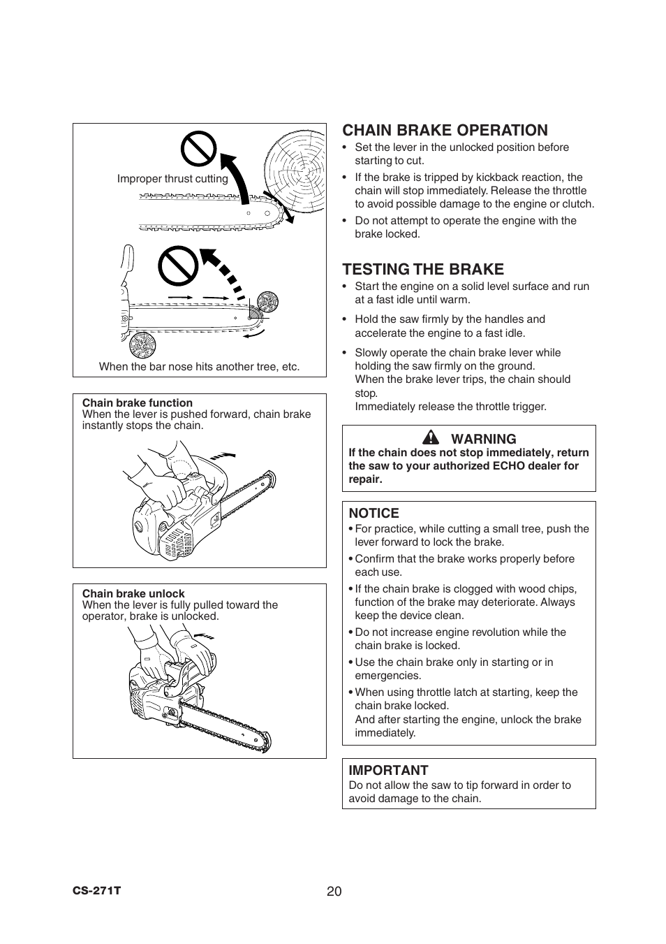 Chain brake operation, Testing the brake | Echo CS-271T User Manual | Page 22 / 36