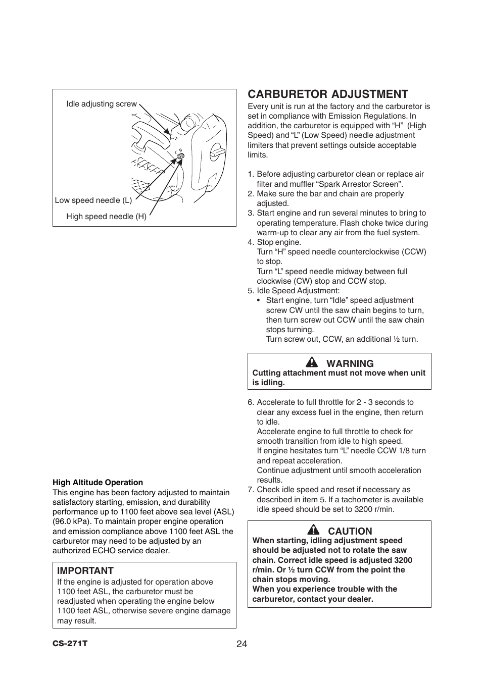 Carburetor adjustment | Echo CS-271T User Manual | Page 26 / 36