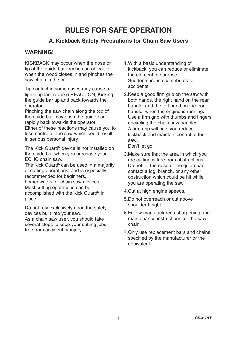 Rules for safe operation | Echo CS-271T User Manual | Page 3 / 36