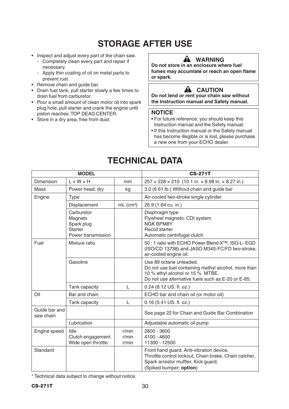 Storage after use, Technical data | Echo CS-271T User Manual | Page 32 / 36