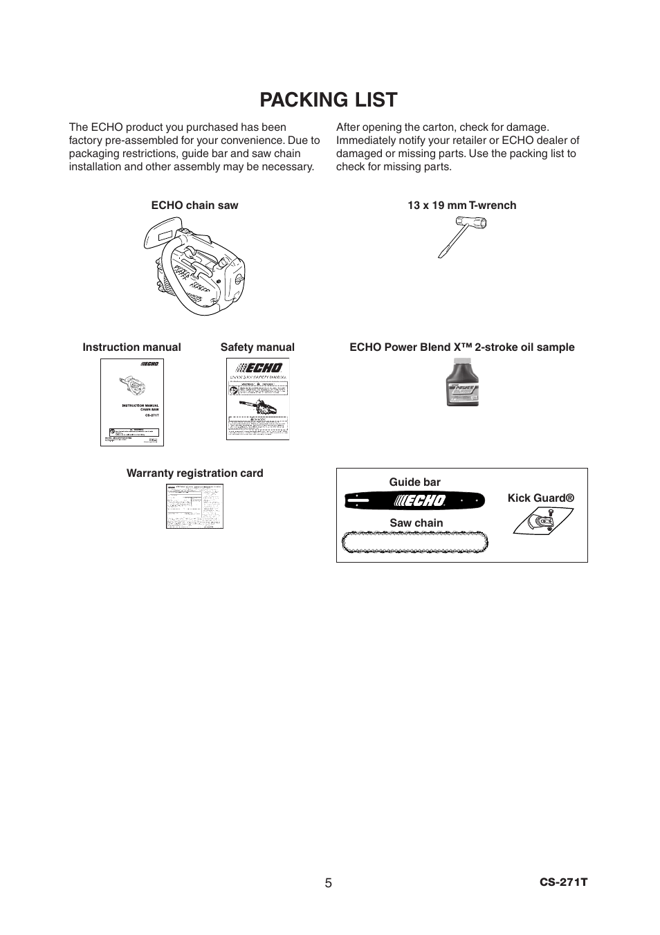 Packing list | Echo CS-271T User Manual | Page 7 / 36