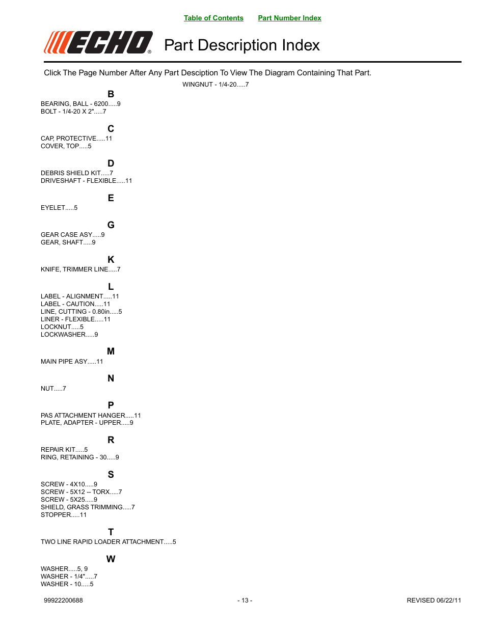 Part description index | Echo 99944200615 User Manual | Page 13 / 14