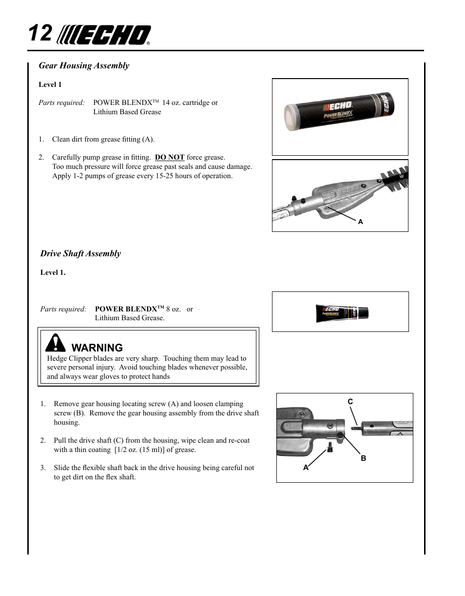 Warning | Echo 99944200485 User Manual | Page 12 / 20