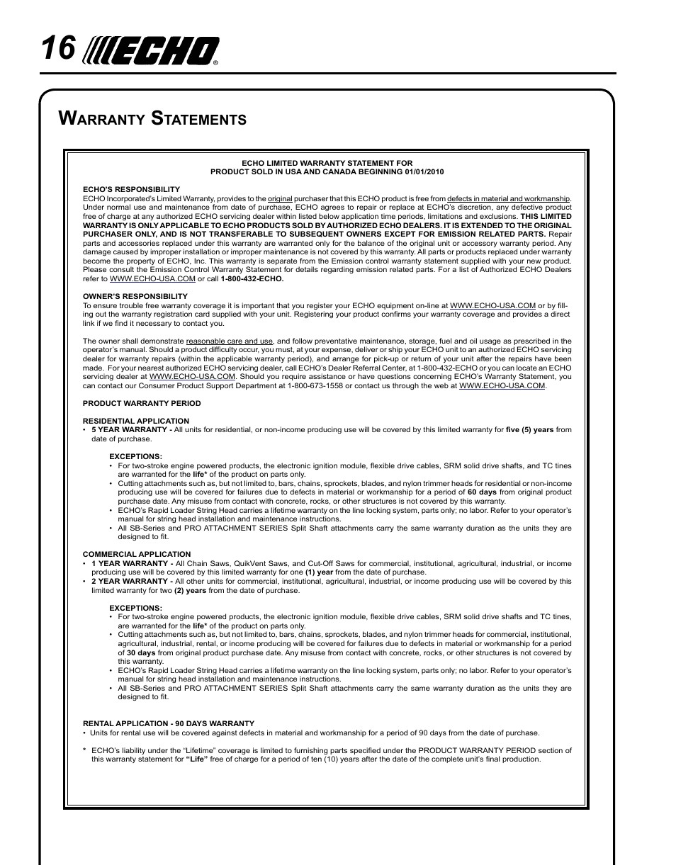 Arranty, Tatements | Echo 99944200485 User Manual | Page 16 / 20