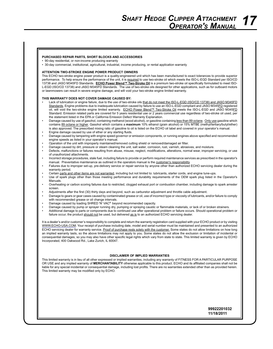 Haft, Edge, Lipper | Ttachment, Perator, Anual | Echo 99944200485 User Manual | Page 17 / 20