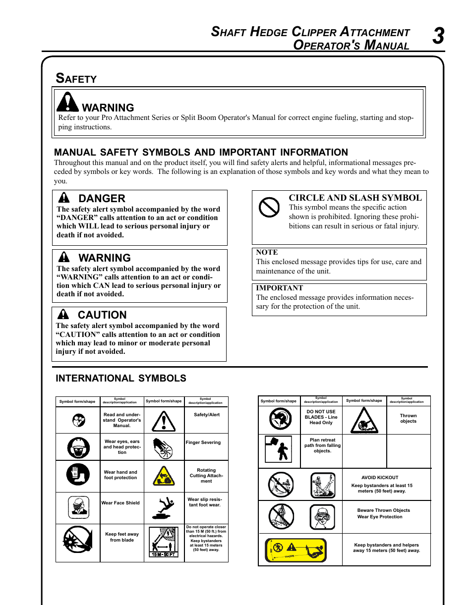 Warning, Caution, Danger | Haft, Edge, Lipper, Ttachment, Perator, Anual, Manual | Echo 99944200485 User Manual | Page 3 / 20