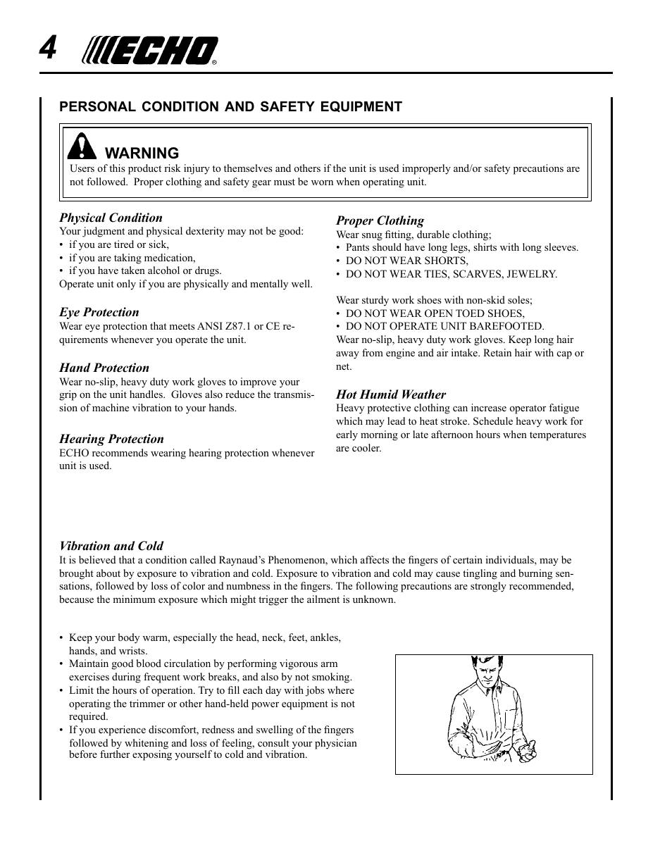 Warning | Echo 99944200485 User Manual | Page 4 / 20