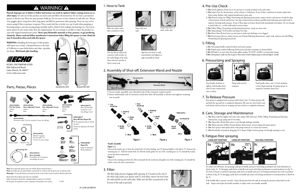 Warning, Parts, piezas, pièces, Assembly of shut-off, extension wand and nozzle | Filter, Pre-use check 5. filling, Fatigue-free spraying, 9a 9b 9c, 3a 2a, 6a 6b 6c, Hose to tank | Echo MS-30H User Manual | Page 2 / 9