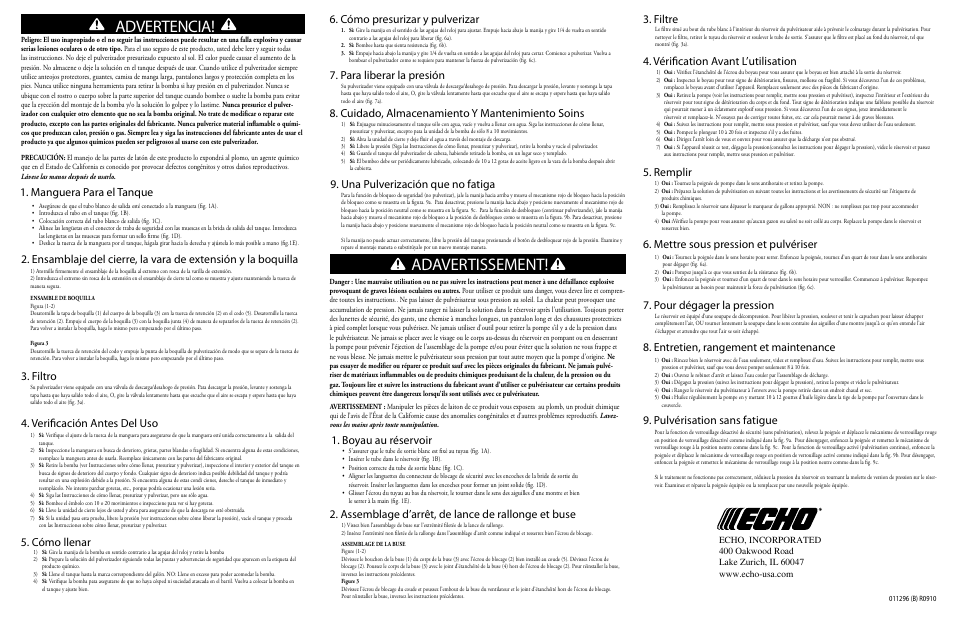 Adavertissement, Advertencia, Filtro | Verificación antes del uso 5. cómo llenar, Cómo presurizar y pulverizar, Para liberar la presión, Cuidado, almacenamiento y mantenimiento soins, Assemblage d’arrêt, de lance de rallonge et buse, Filtre, Vérification avant l’utilisation 5. remplir | Echo MS-30H User Manual | Page 4 / 9