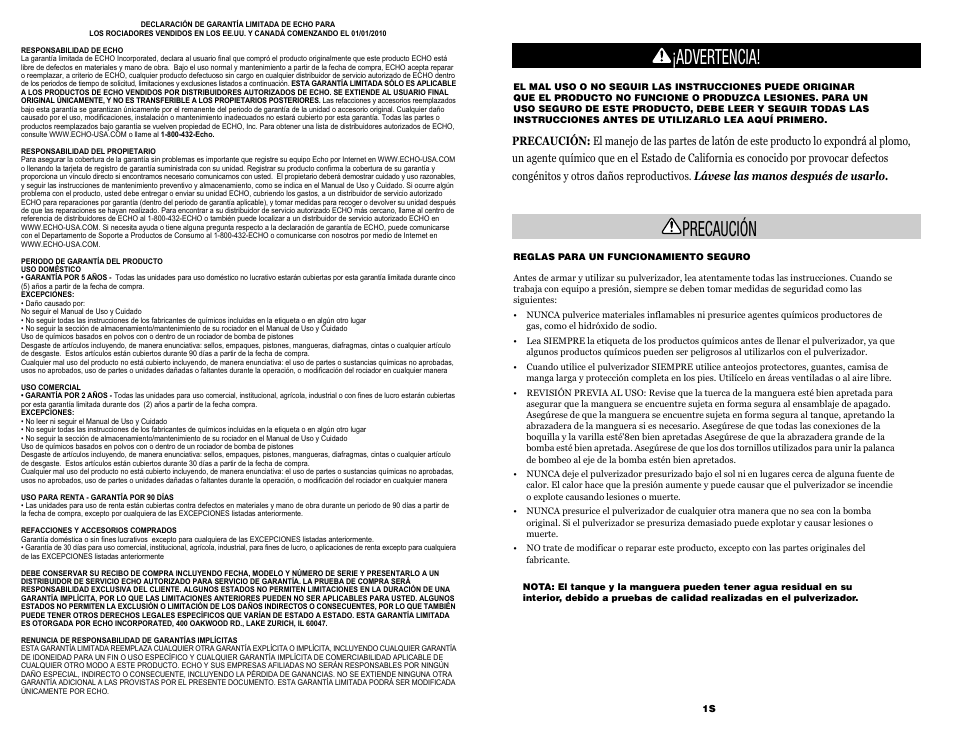 Advertencia! precaución | Echo MS-30H User Manual | Page 8 / 9