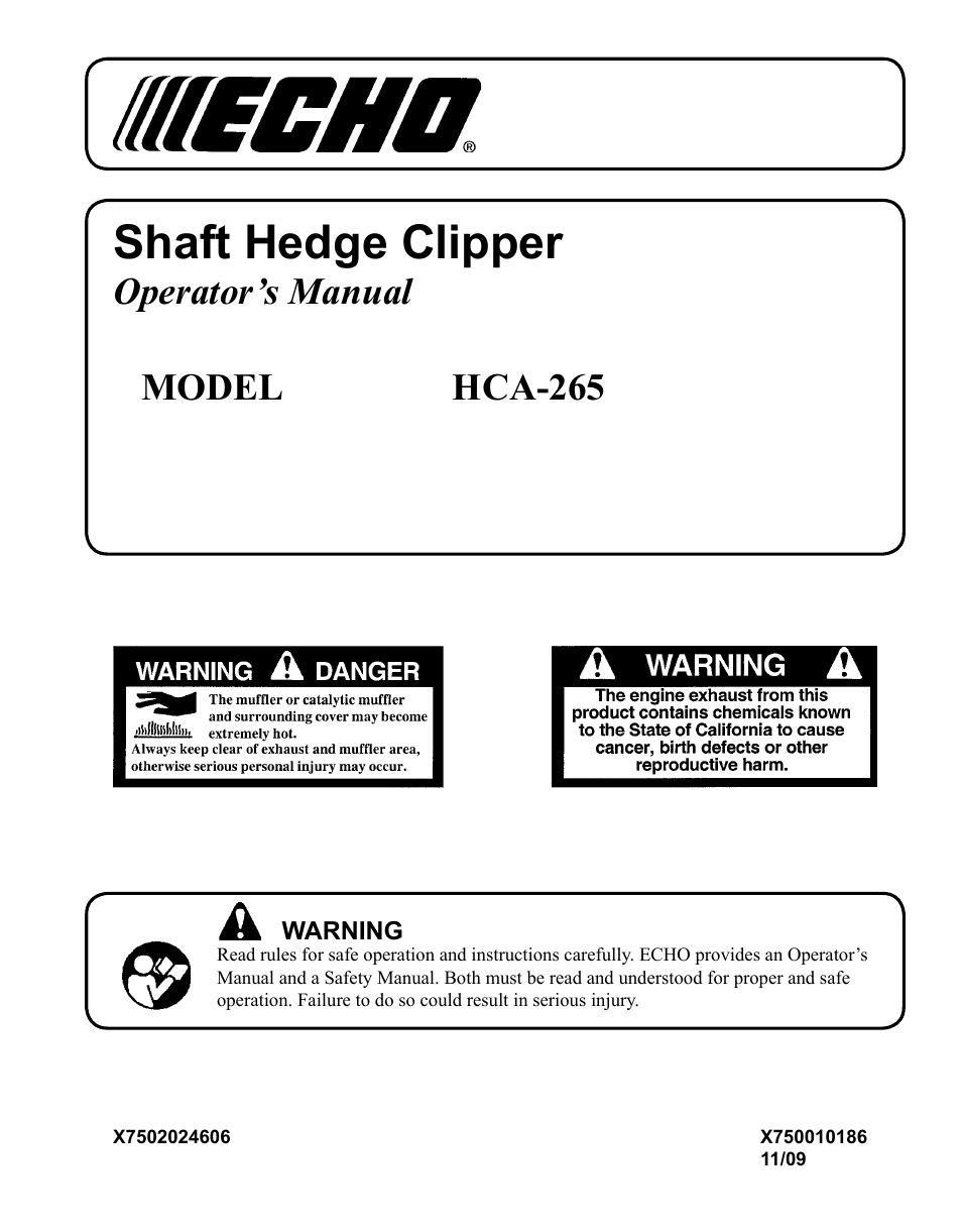 Echo SHAFT HEDGE CLIPPER HCA-265 User Manual | 32 pages