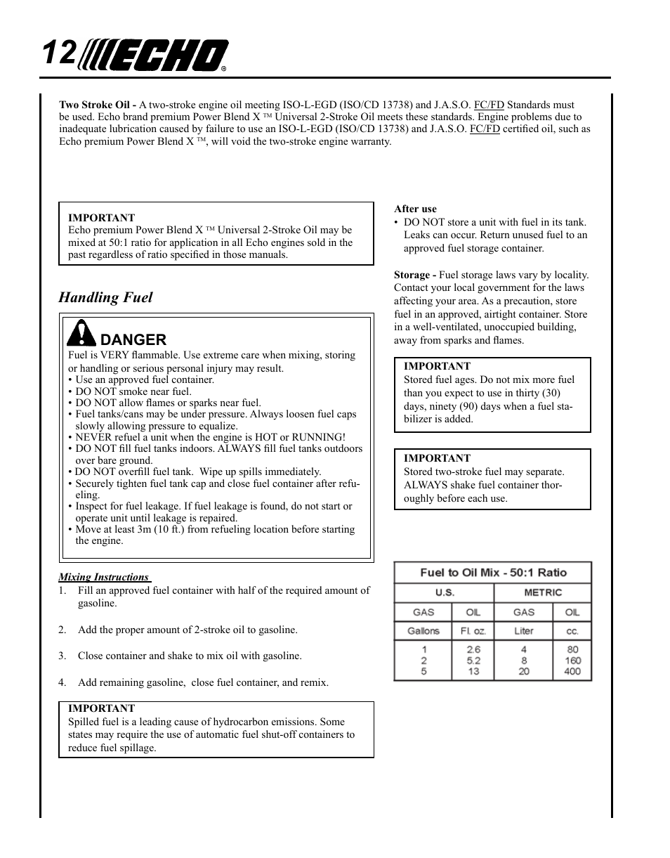 Handling fuel, Danger | Echo SHAFT HEDGE CLIPPER HCA-265 User Manual | Page 12 / 32