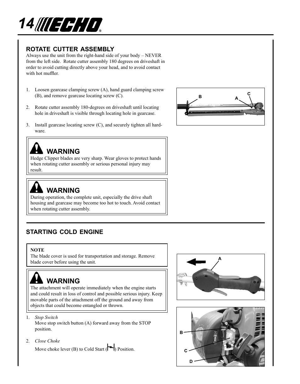 Rotate cutter assembly, Starting cold engine, Warning | Echo SHAFT HEDGE CLIPPER HCA-265 User Manual | Page 14 / 32