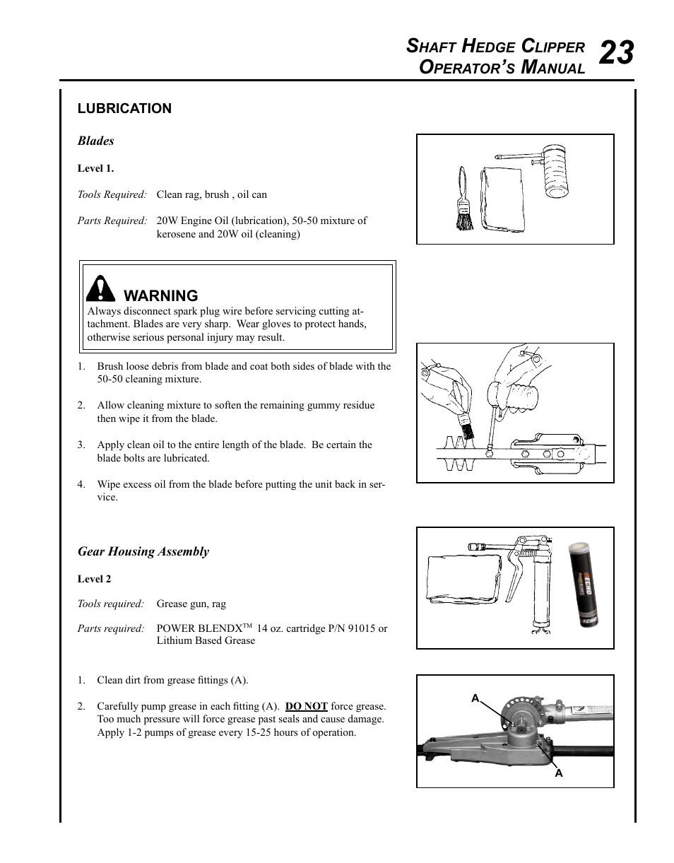 Lubrication | Echo SHAFT HEDGE CLIPPER HCA-265 User Manual | Page 23 / 32