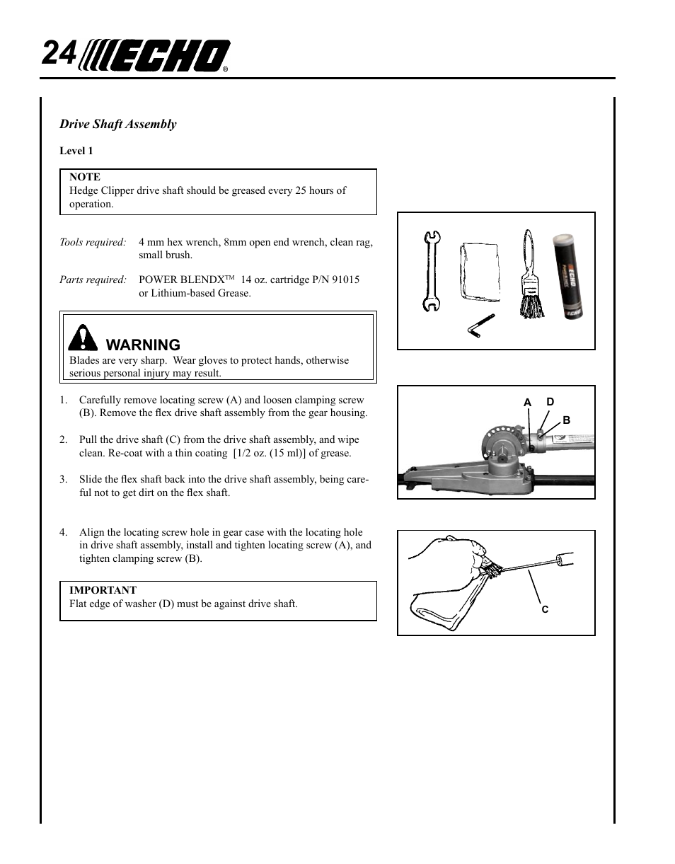 Warning | Echo SHAFT HEDGE CLIPPER HCA-265 User Manual | Page 24 / 32