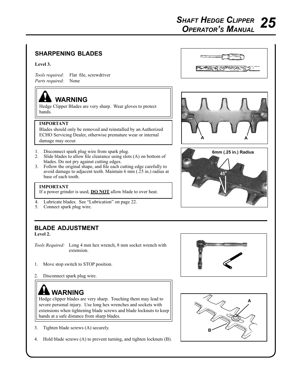 Sharpening blades, Blade adjustment | Echo SHAFT HEDGE CLIPPER HCA-265 User Manual | Page 25 / 32