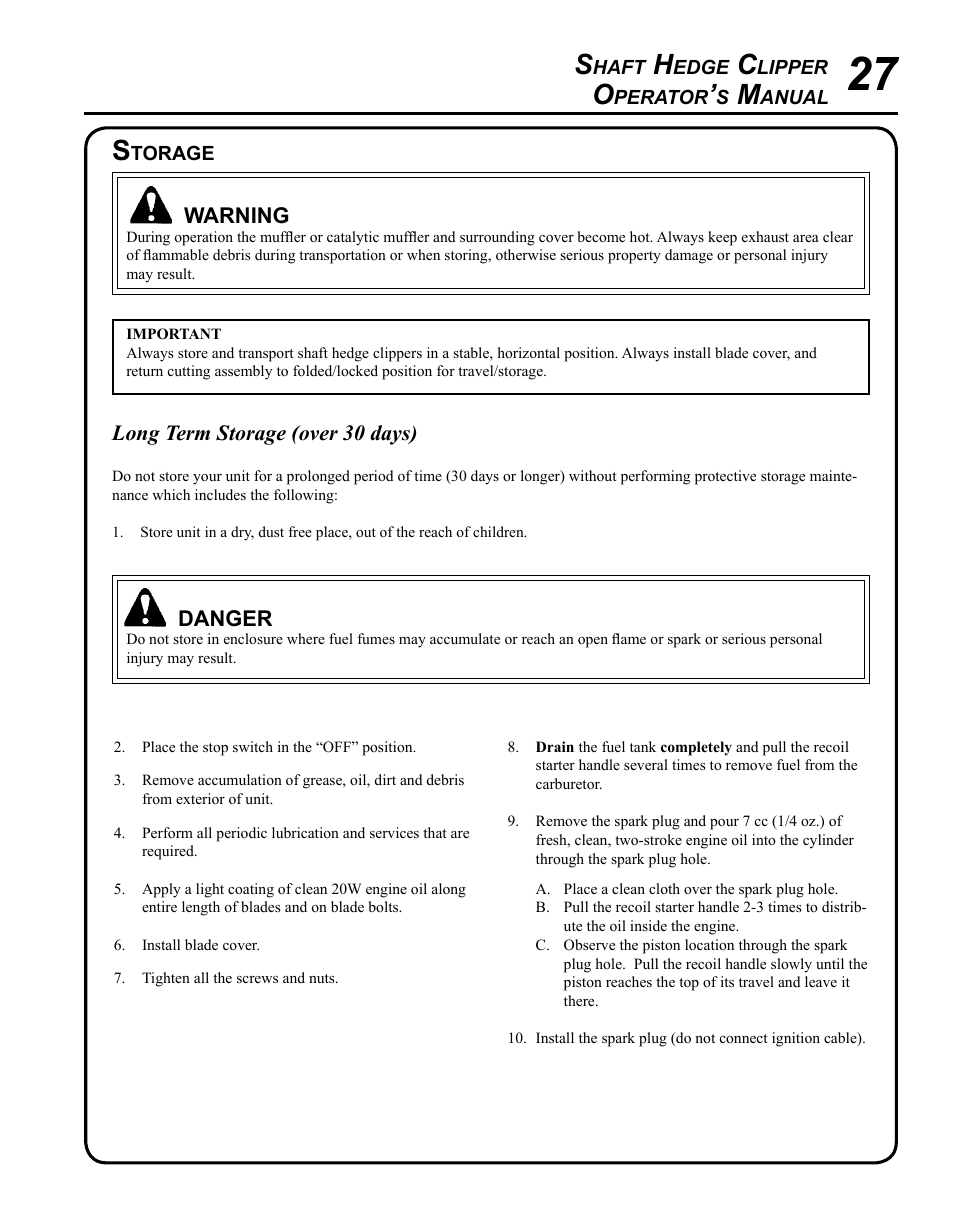 Storage | Echo SHAFT HEDGE CLIPPER HCA-265 User Manual | Page 27 / 32