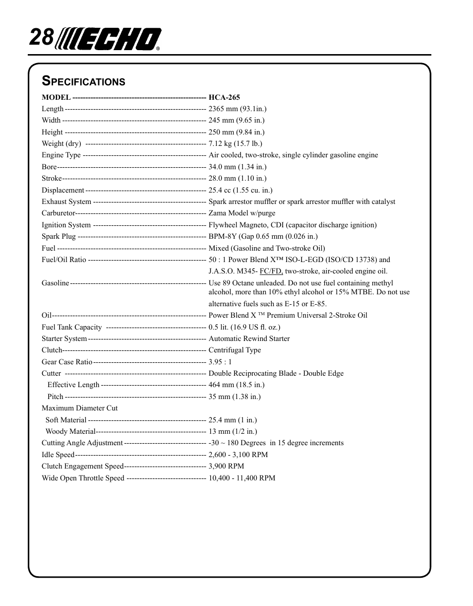 Specifications | Echo SHAFT HEDGE CLIPPER HCA-265 User Manual | Page 28 / 32