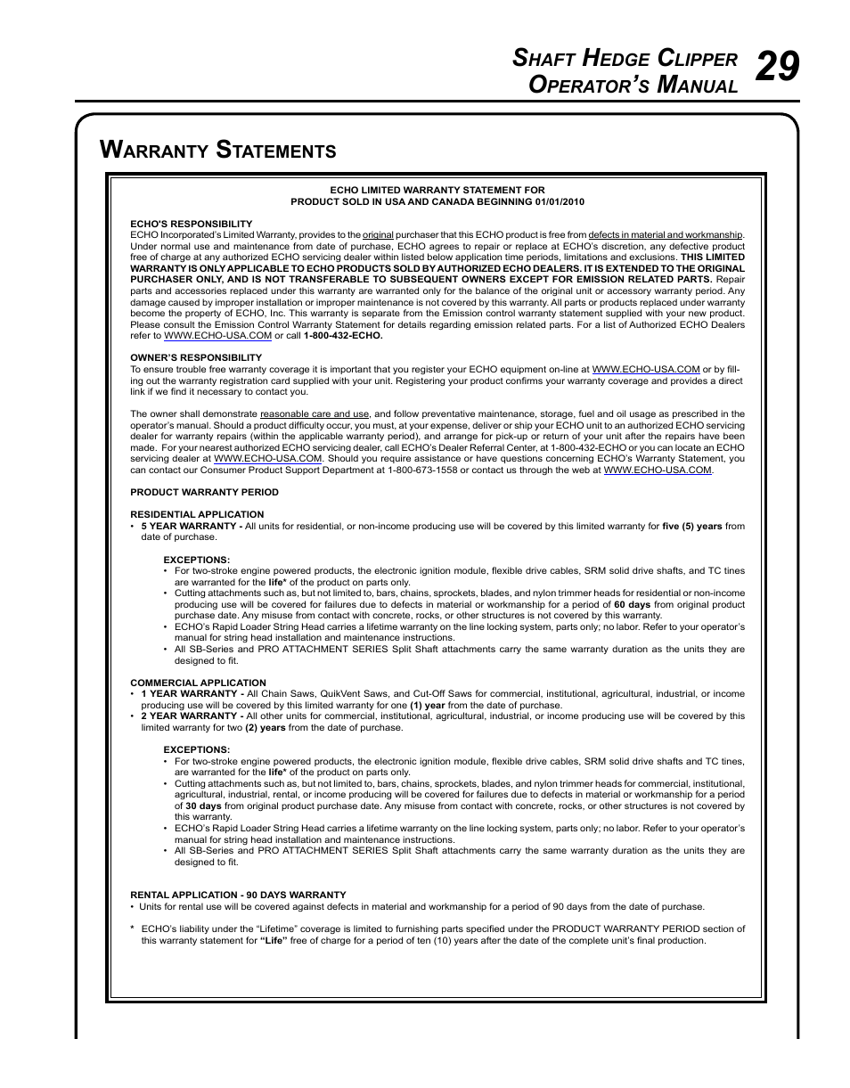 Warranty statements, Haft, Edge | Lipper, Perator, Anual, Arranty, Tatements | Echo SHAFT HEDGE CLIPPER HCA-265 User Manual | Page 29 / 32