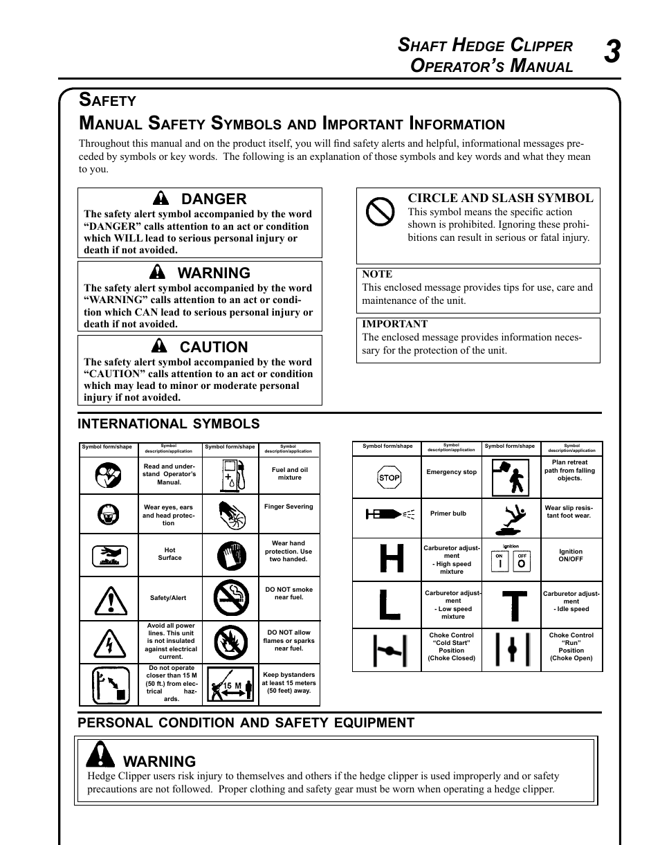 Safety, Warning, Caution | Danger, Haft, Edge, Lipper, Perator, Anual, International | Echo SHAFT HEDGE CLIPPER HCA-265 User Manual | Page 3 / 32