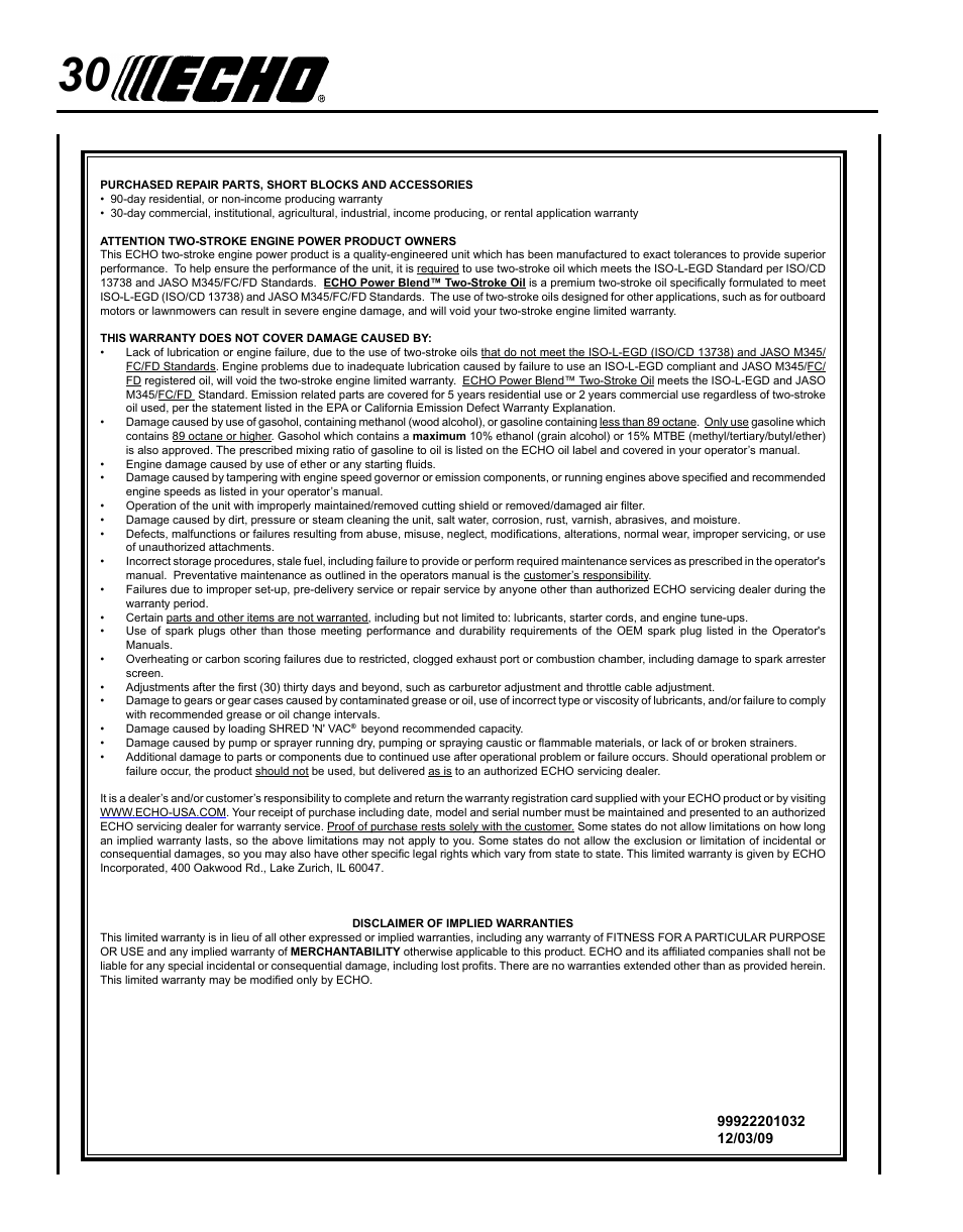 Echo SHAFT HEDGE CLIPPER HCA-265 User Manual | Page 30 / 32