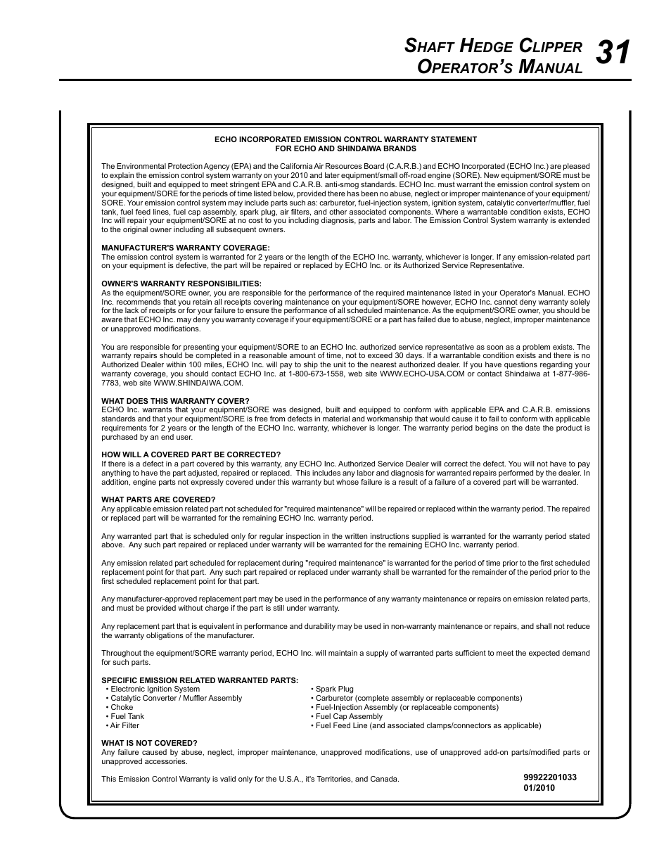 Haft, Edge, Lipper | Perator, Anual | Echo SHAFT HEDGE CLIPPER HCA-265 User Manual | Page 31 / 32