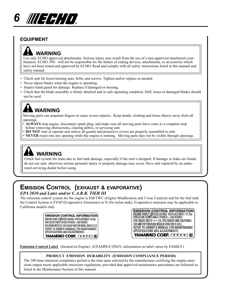 Emission control (exhaust & evaporative) | Echo SHAFT HEDGE CLIPPER HCA-265 User Manual | Page 6 / 32