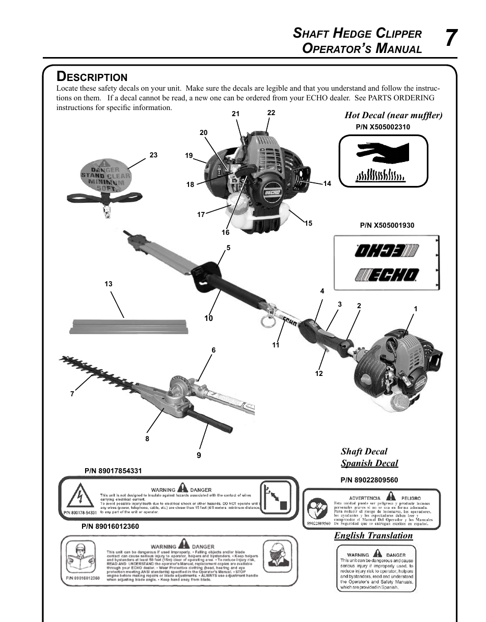 Description | Echo SHAFT HEDGE CLIPPER HCA-265 User Manual | Page 7 / 32