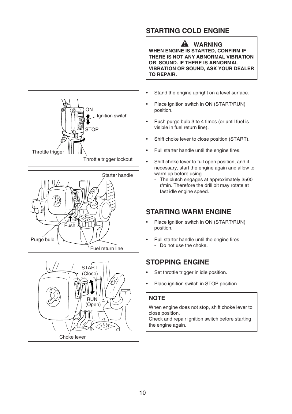 Starting cold engine stopping engine, Starting warm engine | Echo X750409-3607 User Manual | Page 12 / 22