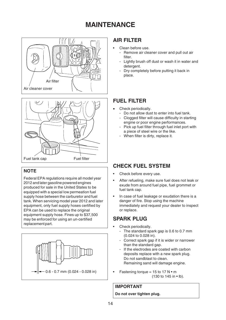 Maintenance, Air filter, Spark plug | Fuel filter, Check fuel system | Echo X750409-3607 User Manual | Page 16 / 22